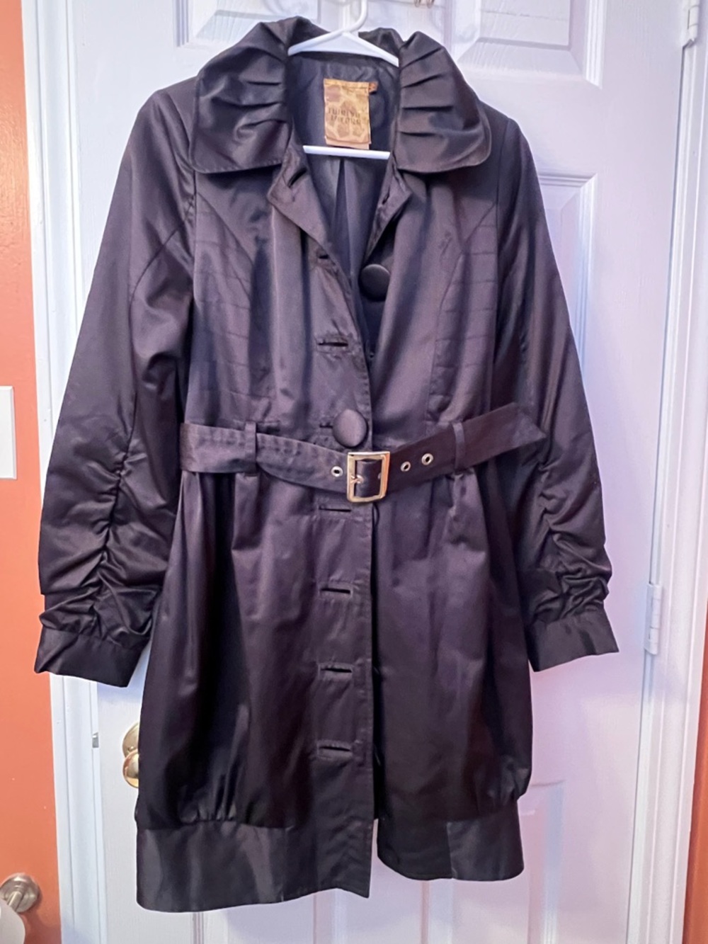 Women's Black Satin Belted Trench with Ruffled Collar